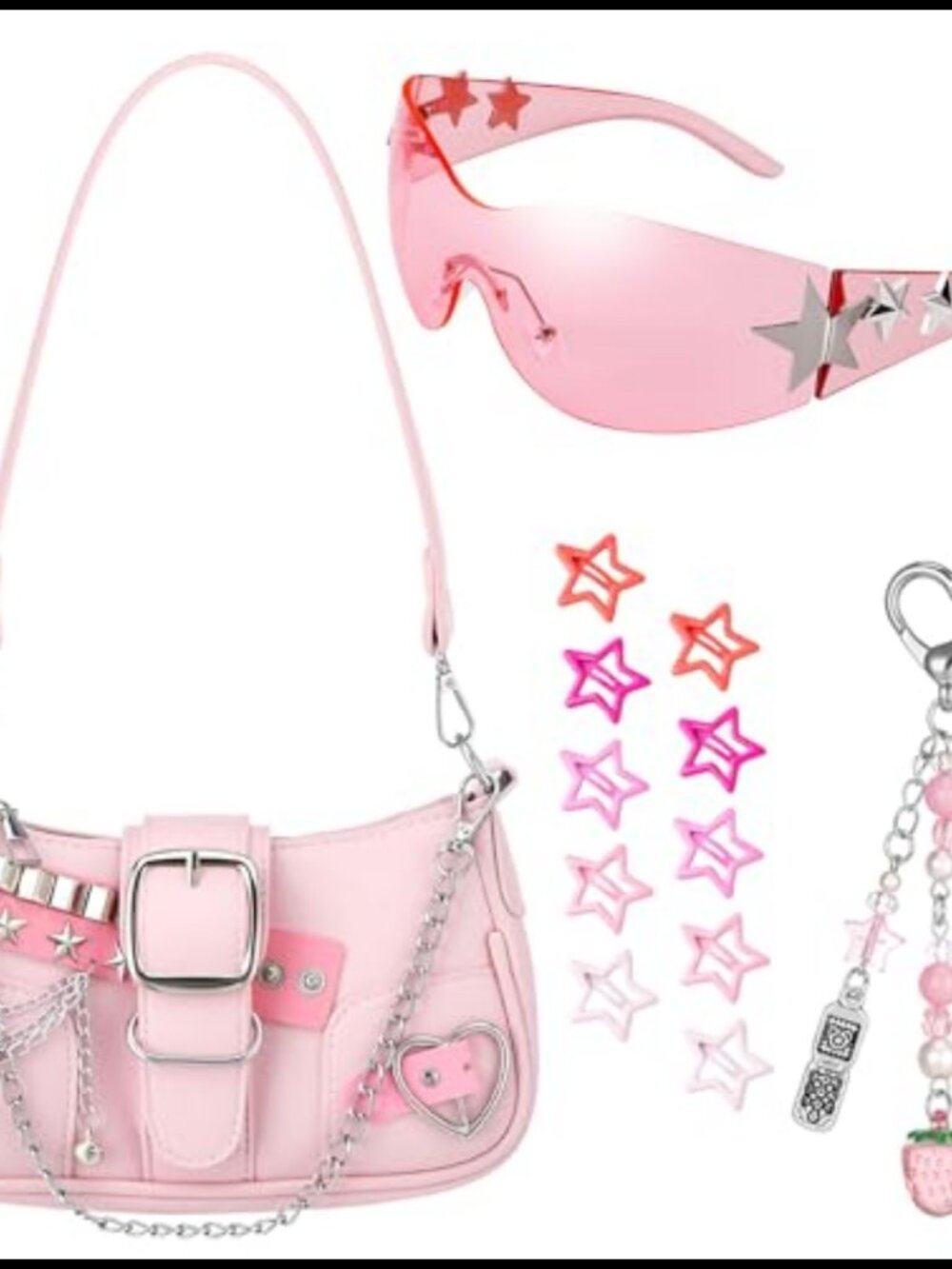 Y2k Cute Shoulder Bag Mini Chain Hobo Handbag Purse Set with Accessories